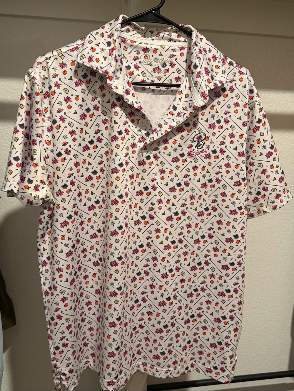 Men's Barstool Short Sleeve Polo Shirt in White with Pink & Orange Print